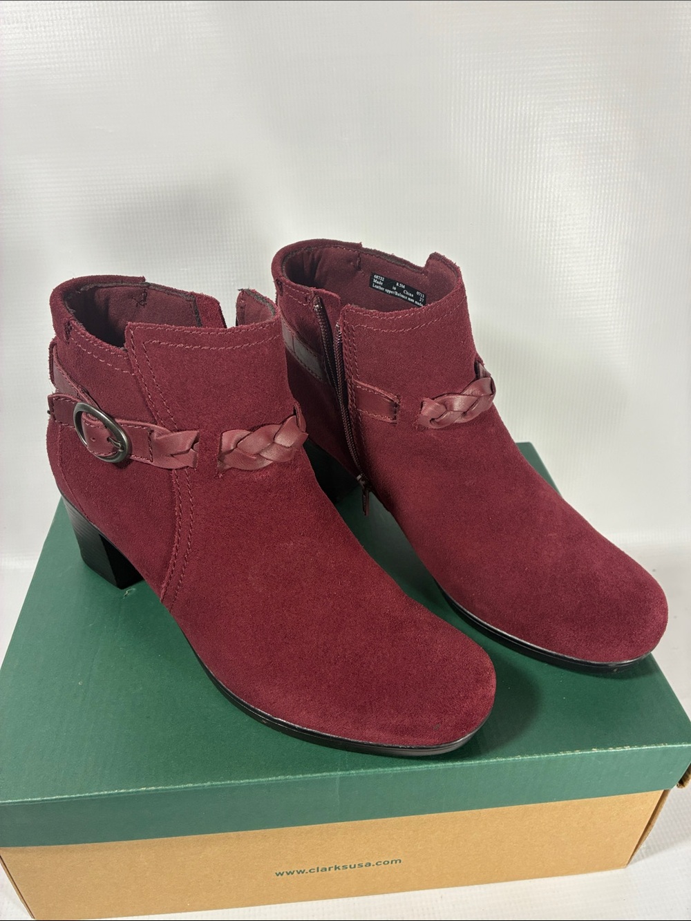 Clarks Women's Burgundy Suede Braided Strap Ankle Boots